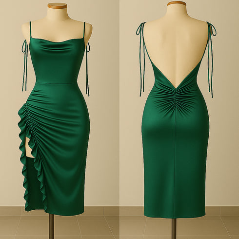 Silk Ruched Midi Dress with Side Ruffle & Deep Back
