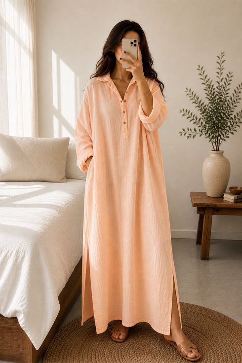 Summer Linen Maxi Shirt (Free Size) – Loose Fit Lounge Wear