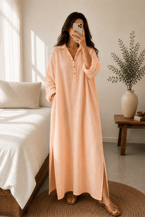 Summer Linen Maxi Shirt (Free Size) – Loose Fit Lounge Wear