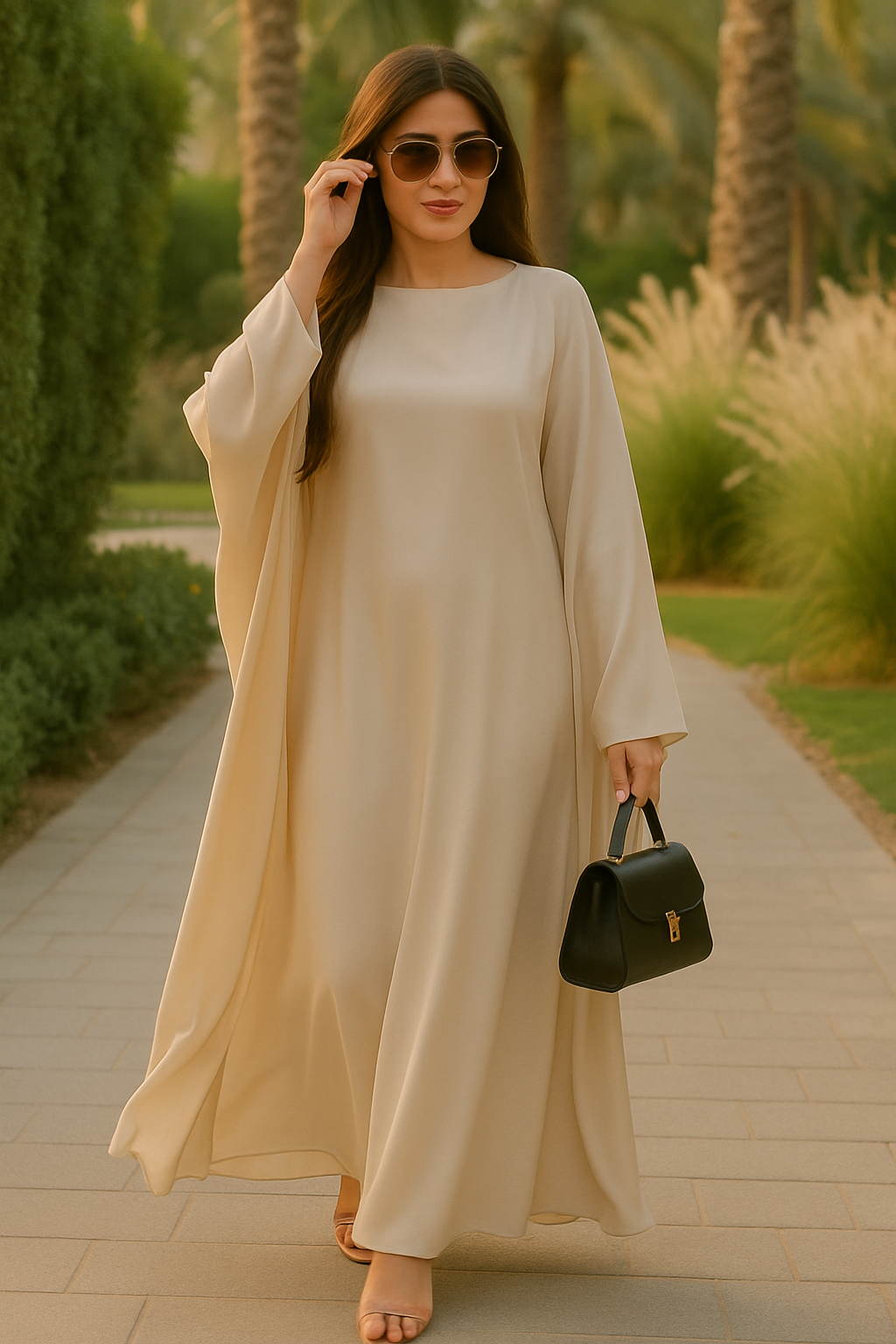Classic Beige Silk Abaya Dress