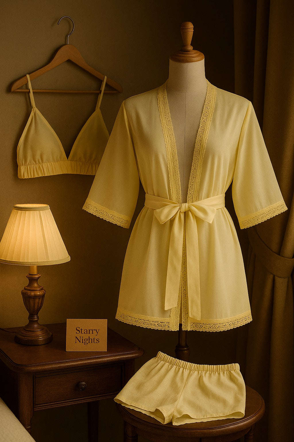 (30%) OFF - 3pc Cotton Loungewear Set – Robe, Bralette & Shorts