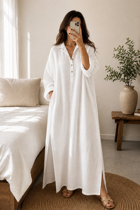 Summer Linen Maxi Shirt (Free Size) – Loose Fit Lounge Wear