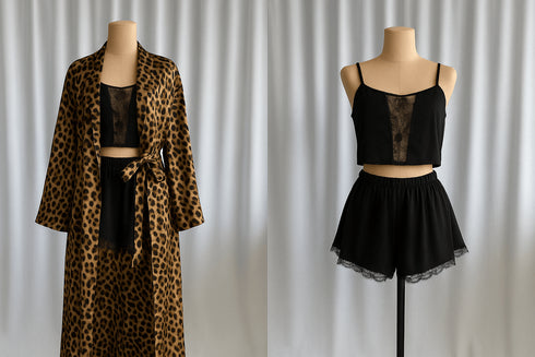 Leopard Robe with Black Lace Cami & Shorts Set