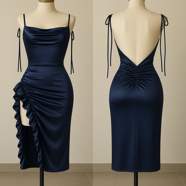 Silk Ruched Midi Dress with Side Ruffle & Deep Back