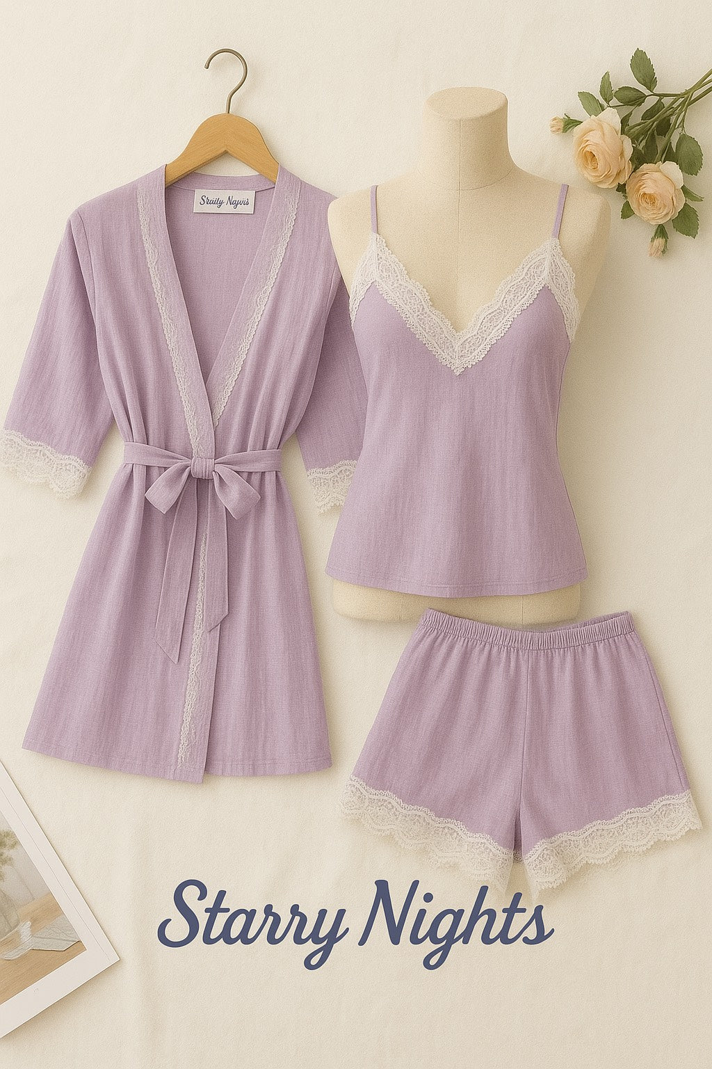 3-Piece Cotton Loungewear Set -Robe, Cami & Shorts | Lace Trim Sleepwear by Starry Nights