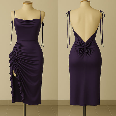 Silk Ruched Midi Dress with Side Ruffle & Deep Back