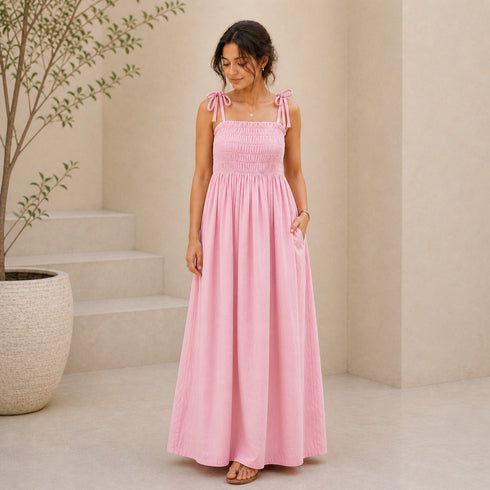 Premium Linen Maxi Dress (Stretch Fit + Pockets) – Summer Collection