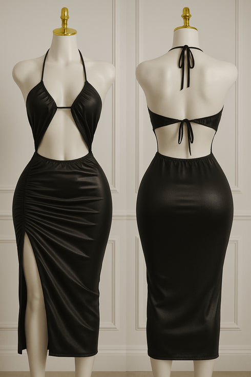 Silk Halter Cut-Out Bodycon Midi Dress with Side Slit