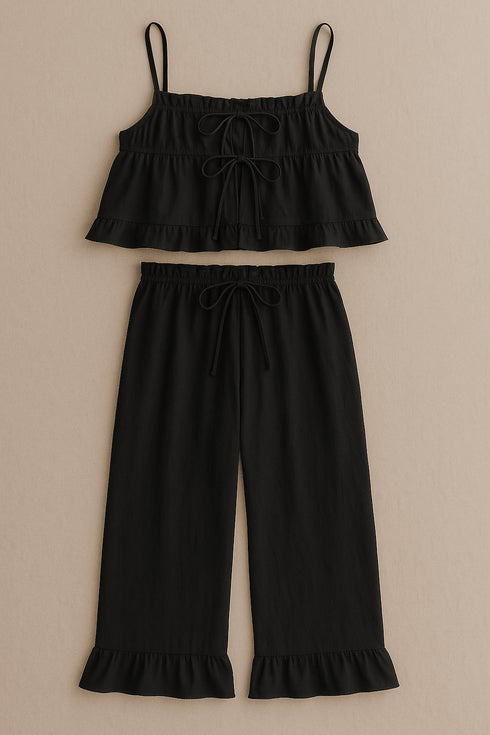 (30%) OFF - Frill Trim Cotton Cami Set – Sleeveless Top & Ruffle Hem Pants