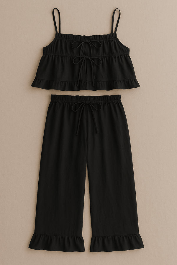 (30%) OFF - Frill Trim Cotton Cami Set – Sleeveless Top & Ruffle Hem Pants
