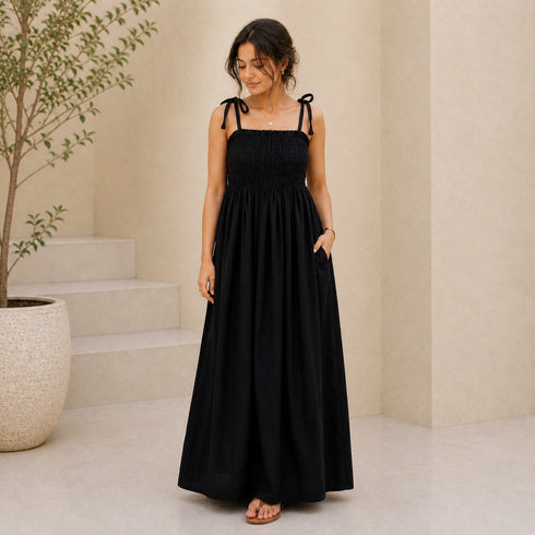 Premium Linen Maxi Dress (Stretch Fit + Pockets) – Summer Collection