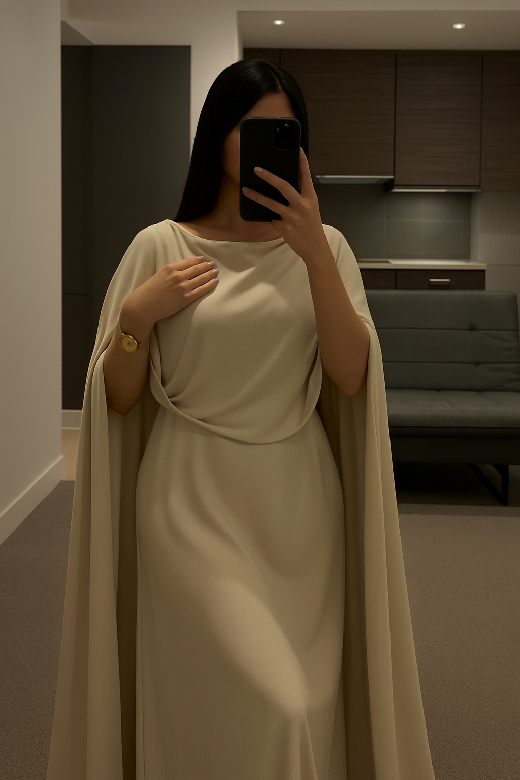 Elegant Beige Cape Gown – Minimalist Luxe