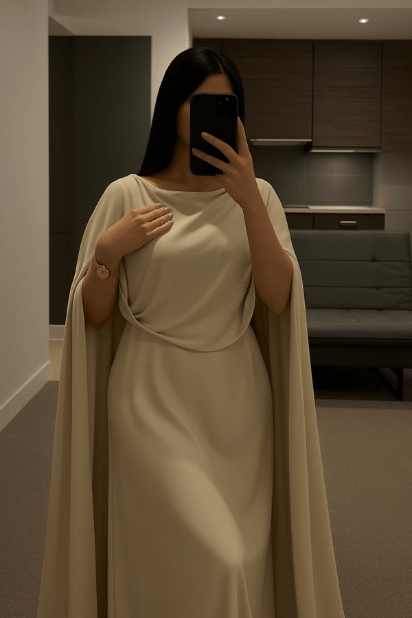 Elegant Beige Cape Gown – Minimalist Luxe
