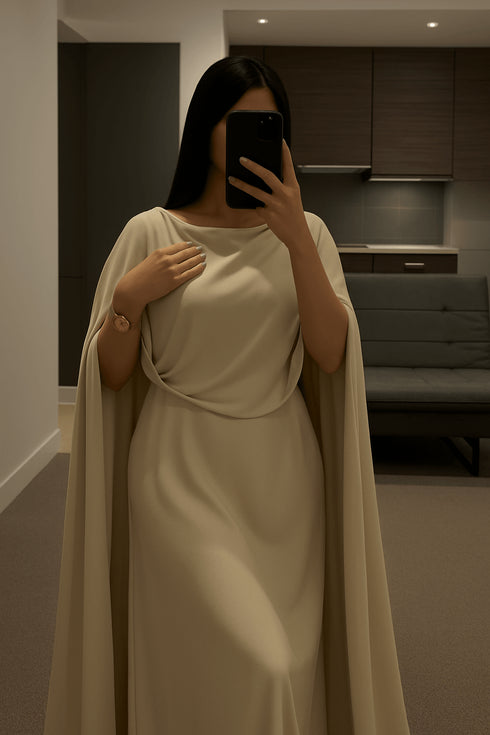 (30%) OFF - Elegant Beige Cape Gown – Minimalist Luxe