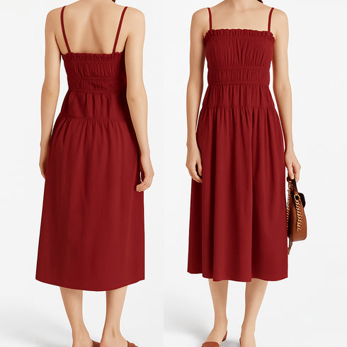 (30%) OFF - Smocked-Bodice Cotton Midi Dress – Effortless Elegance for Every Occasion