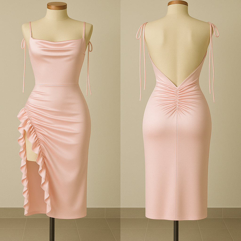 (30%) OFF - Silk Ruched Midi Dress with Side Ruffle & Deep Back