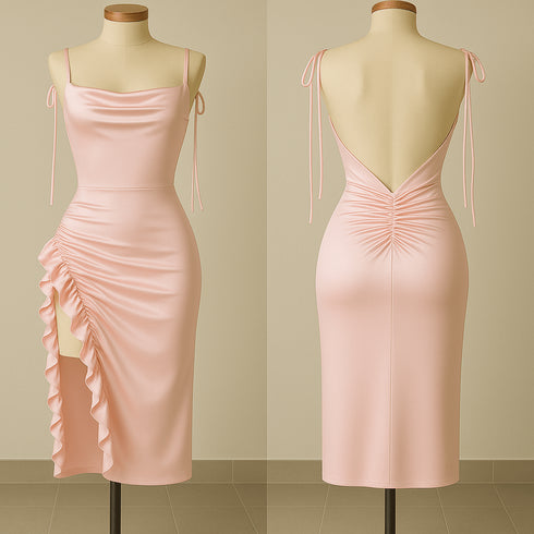 (30%) OFF - Silk Ruched Midi Dress with Side Ruffle & Deep Back