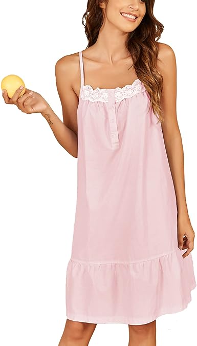 Cotton Lace Nightgown Sleeveless Sleep Dress Victorian Sleepshirt Button Strap Gown
