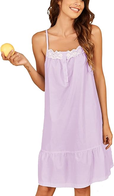 Cotton Lace Nightgown Sleeveless Sleep Dress Victorian Sleepshirt Button Strap Gown