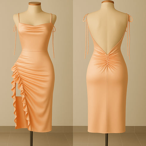 Silk Ruched Midi Dress with Side Ruffle & Deep Back