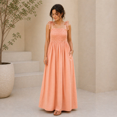 Premium Linen Maxi Dress (Stretch Fit + Pockets) – Summer Collection