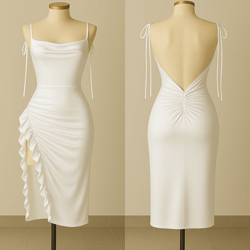Silk Ruched Midi Dress with Side Ruffle & Deep Back
