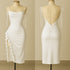 Silk Ruched Midi Dress with Side Ruffle & Deep Back