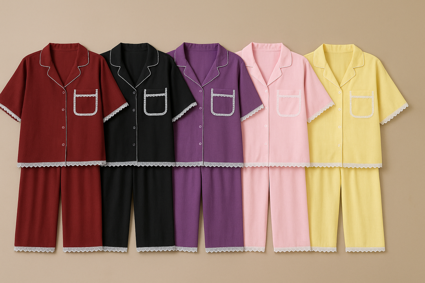 Lace-Trimmed Cotton Pajama Set – Multiple Colors