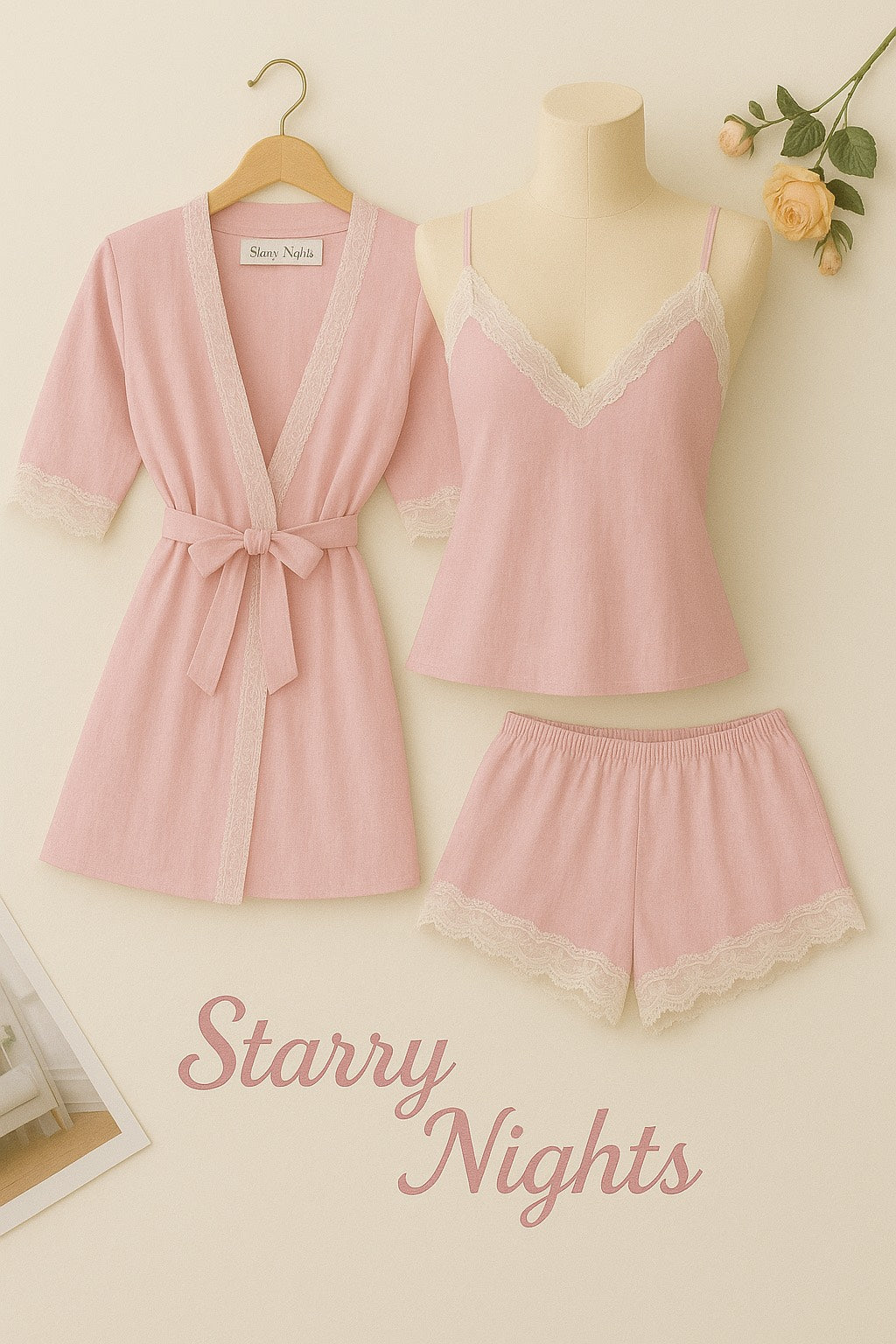 3-Piece Cotton Loungewear Set -Robe, Cami & Shorts | Lace Trim Sleepwear by Starry Nights