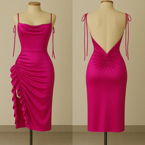 Silk Ruched Midi Dress with Side Ruffle & Deep Back