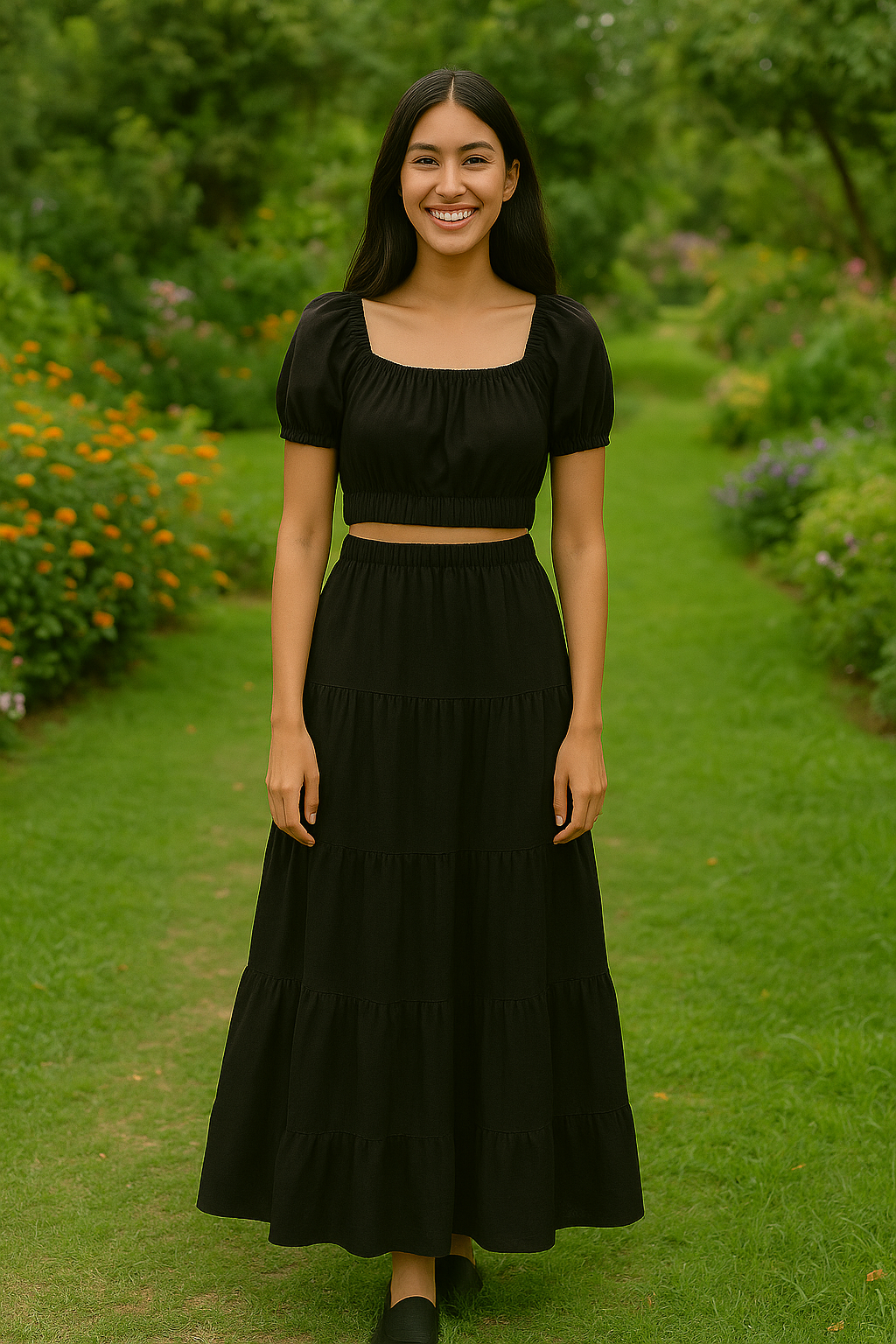 Cotton Lawn Co-ord Set with Puff Sleeve Top & Tiered Maxi Skirt