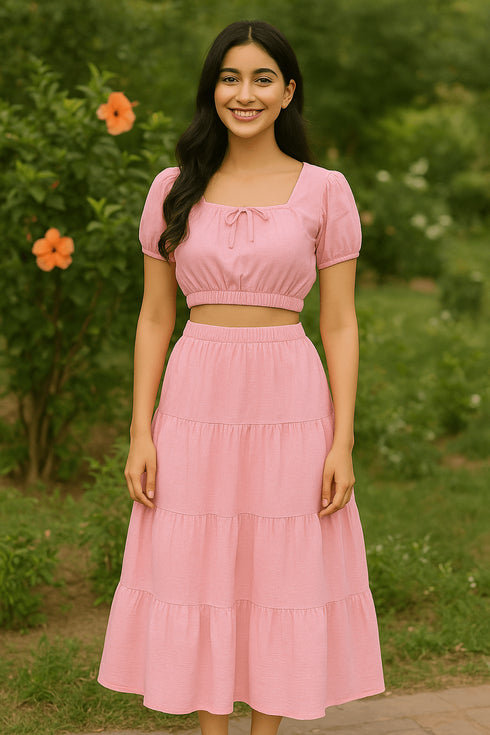 (30%) OFF - Cotton Lawn Co ord Set with Puff Sleeve Top & Tiered Maxi Skirt