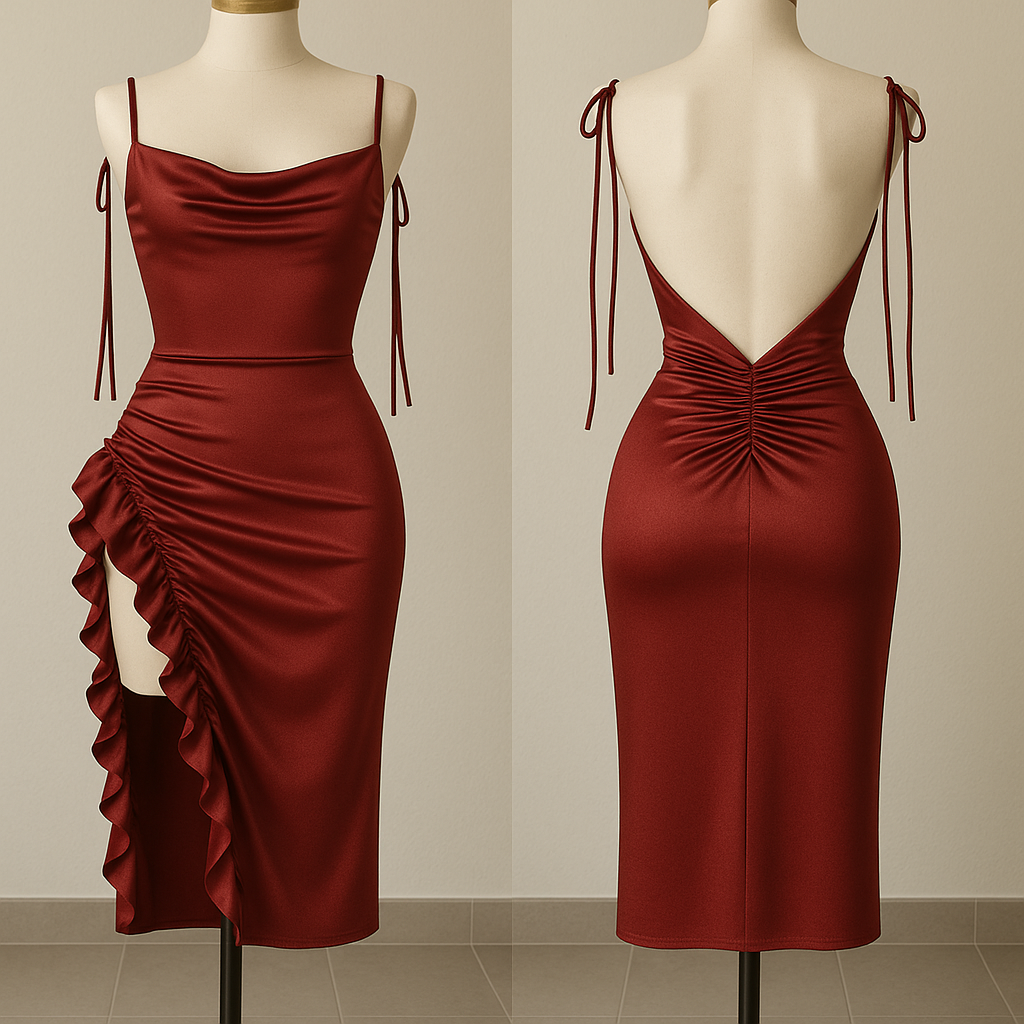 (30%) OFF - Silk Ruched Midi Dress with Side Ruffle & Deep Back