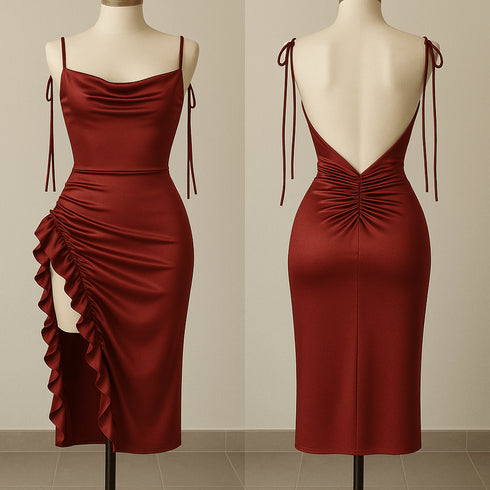 (30%) OFF - Silk Ruched Midi Dress with Side Ruffle & Deep Back