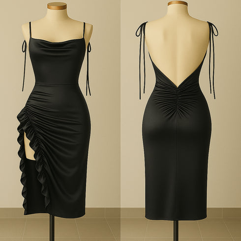 Silk Ruched Midi Dress with Side Ruffle & Deep Back