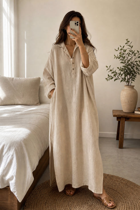 Summer Linen Maxi Shirt (Free Size) – Loose Fit Lounge Wear