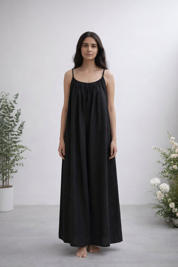 Gathered Linen Maxi Dress with Spaghetti Straps