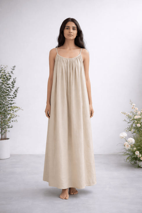 Gathered Linen Maxi Dress with Spaghetti Straps