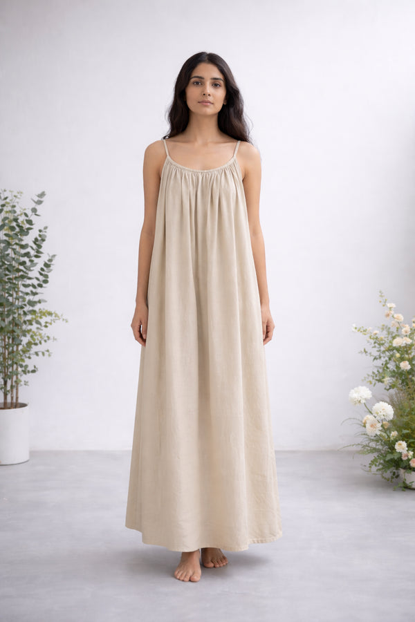 Sand Beige Gathered Linen Maxi with Spaghetti Straps