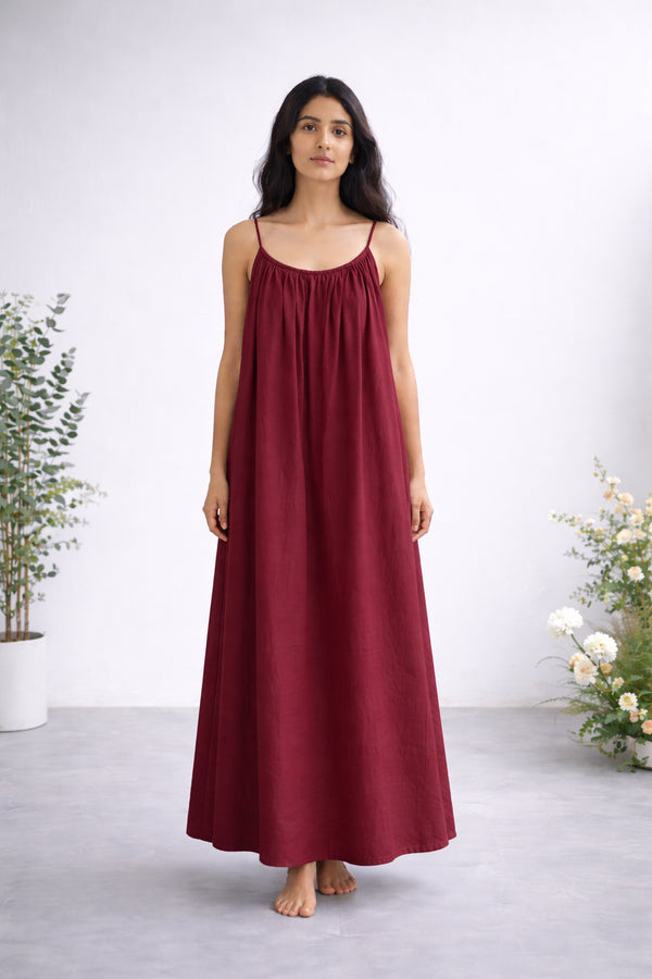 Rich Wine Gathered Linen Maxi with Spaghetti Straps