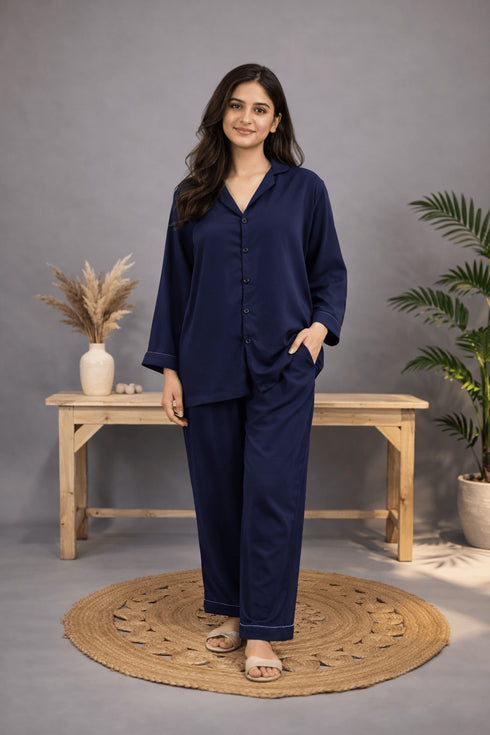 NAVY BLUE SOLID LINEN PJS.