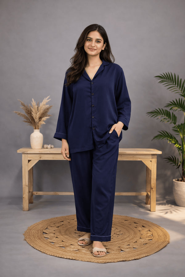 NAVY BLUE SOLID LINEN PJS.