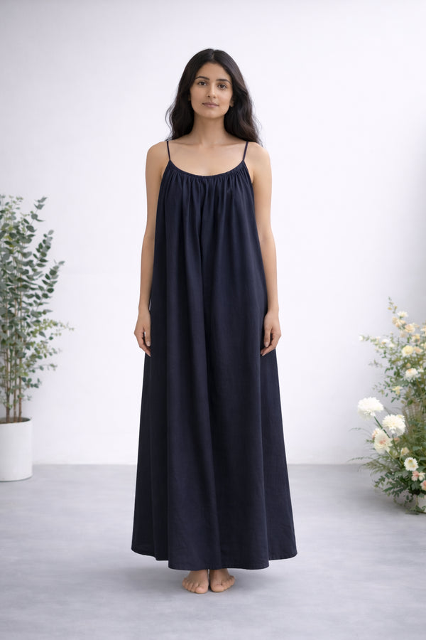 Midnight Blue Gathered Linen Maxi with Spaghetti Straps