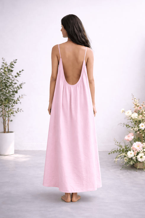 Gathered Linen Maxi Dress with Spaghetti Straps