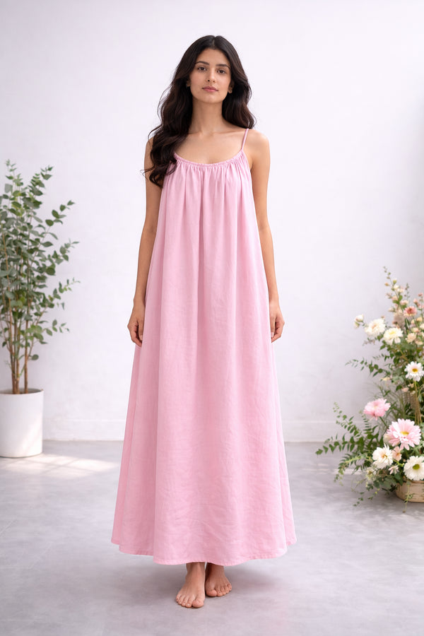 Blush Pink Gathered Linen Maxi with Spaghetti Straps