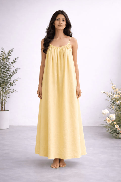 Gathered Linen Maxi Dress with Spaghetti Straps