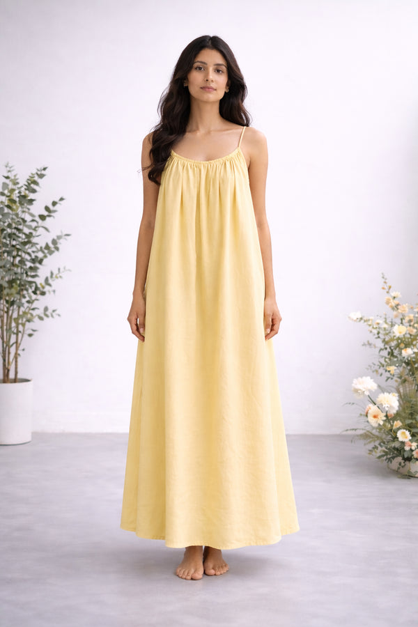Butter Yellow Gathered Linen Maxi with Spaghetti Straps