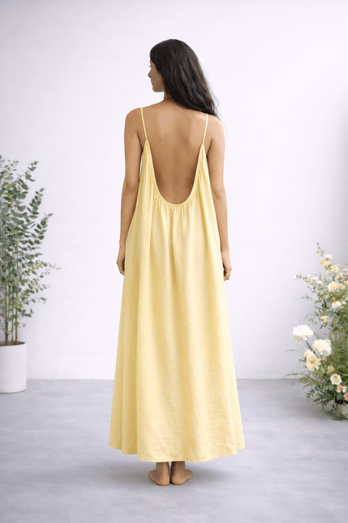 Gathered Linen Maxi Dress with Spaghetti Straps
