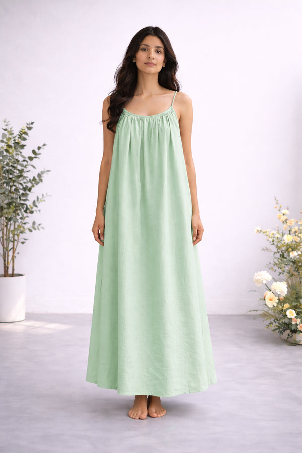Mint Green Gathered Linen Maxi with Spaghetti Straps