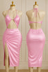 Silk Halter Cut-Out Bodycon Midi Dress with Side Slit